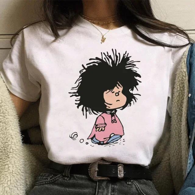 

Смешная футболка с принтом Мафальды для женщин Harajuku Ulzzang Kawaii Мультяшные футболки для девочек Корейский стиль Повседневная футболка женская Одежда S