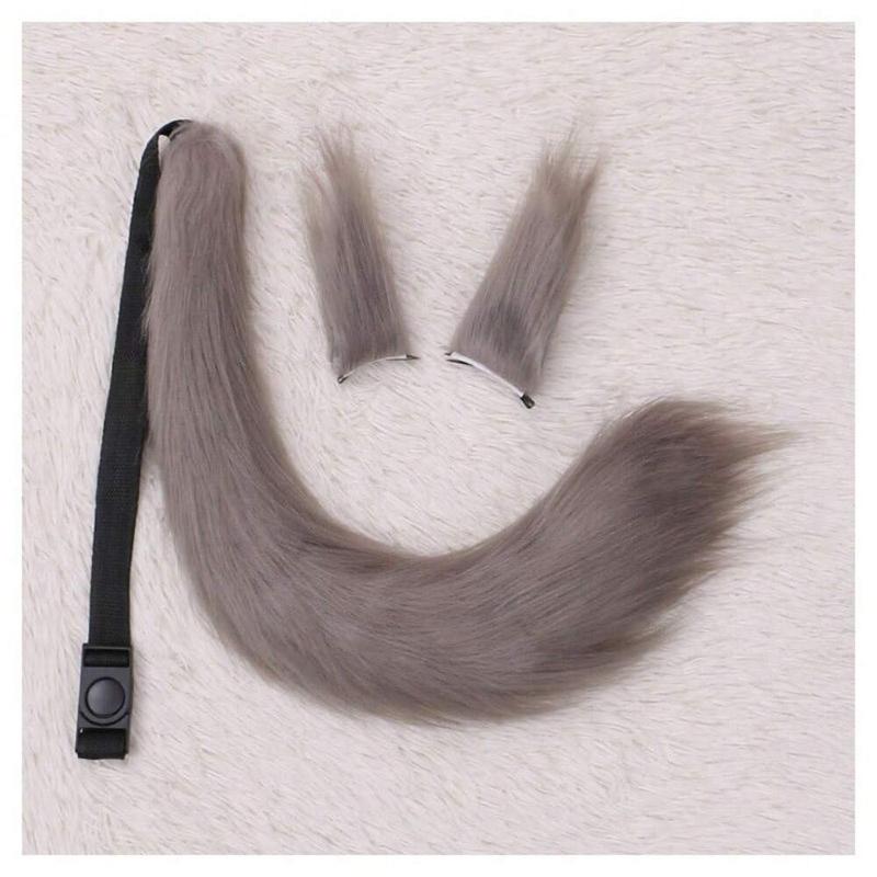 Long Furry Fox Tail Ears Hair Clips Set Anime Cosplay Costume Props Lolita Animal Cat Tail Fursuit Plush Tail Faux Fur Haripins