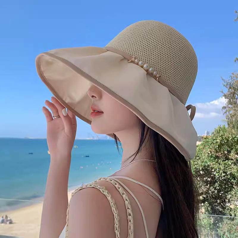 Summer Hat Women Beads Rope Chain Bucket Hat Sunshade Breathable Wide Brim Sun Hat Beach Accessories Sunhats Ladies New