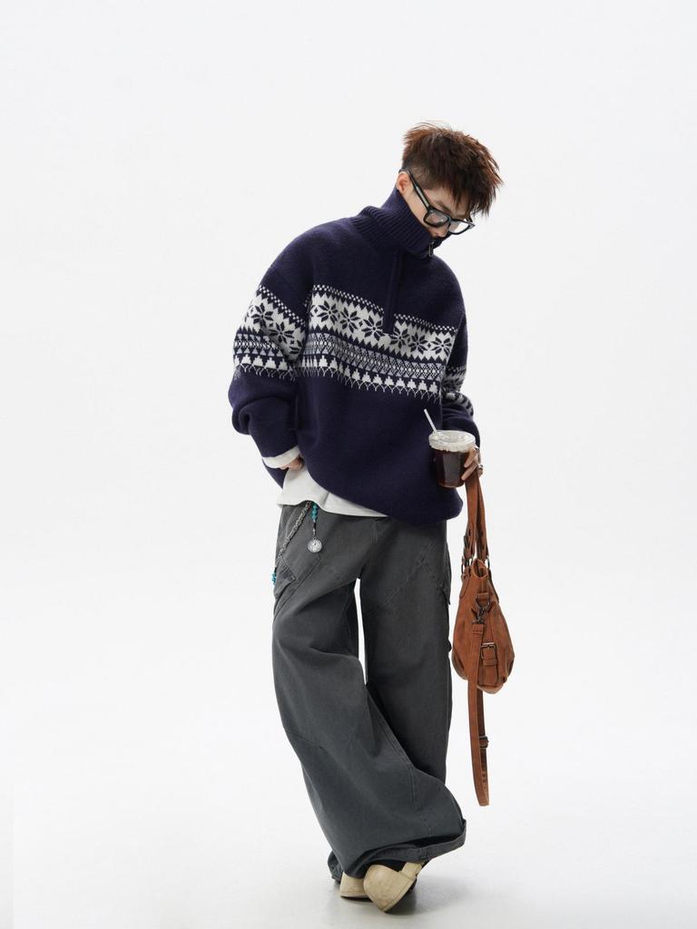 Pull Cardigan Homme Jacquard Fair Isle Fermeture Éclair Demi-Zip Col Montant Noël