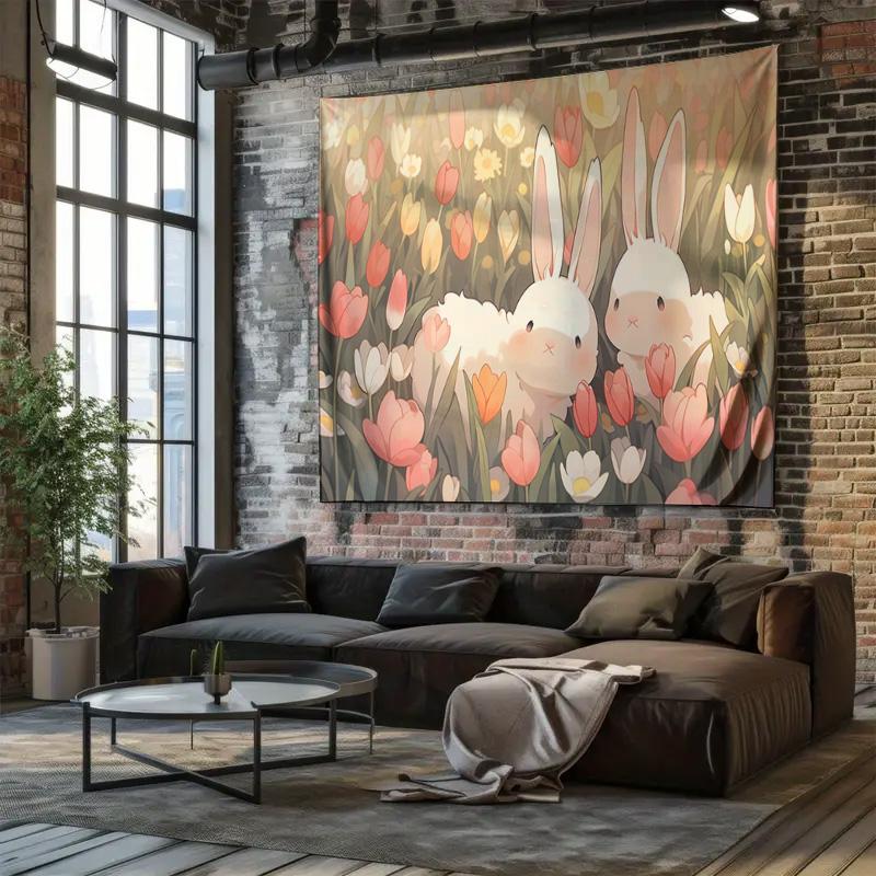 Cute Rabbit Floral Decorative Tapestry Warm and Romantic Bedroom Background Wall Hanging Painting