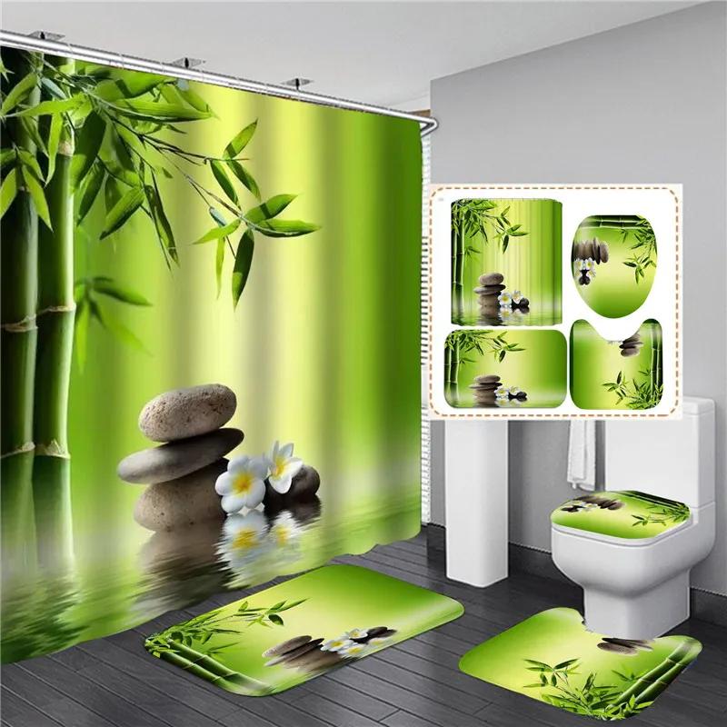 Full Set Bathroom Shower Curtain Set And Rugs Waterproof Fabric Furniture Accessory Zen Flow Water Bamboo For Bath Decoration