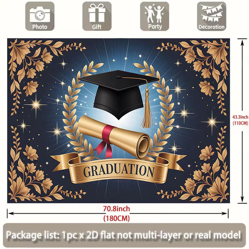 Elegant Graduation Backdrop, Regal Blue and Gold Design with Cap, Diploma and Laurels, Festive Commencement Wall Decor