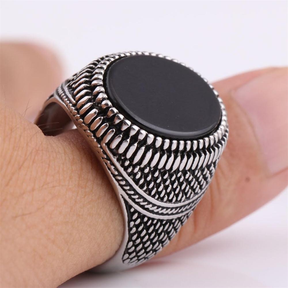 Retro Handmade Turkish Signet Rings For Men Vintage Ancient Silver Color Carved Black Zircon Ring Punk Motor Biker Jewelry Gifts