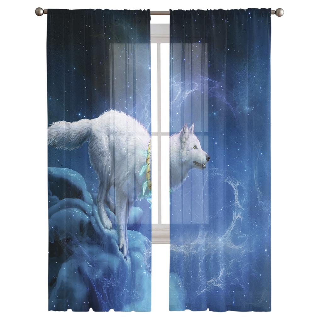 Fullmåne och Varg Tyllgardiner för Vardagsrum Tryckt Skir Voilegardin Sovrum Fönsterskärmning Draperier Persienner Heminredning