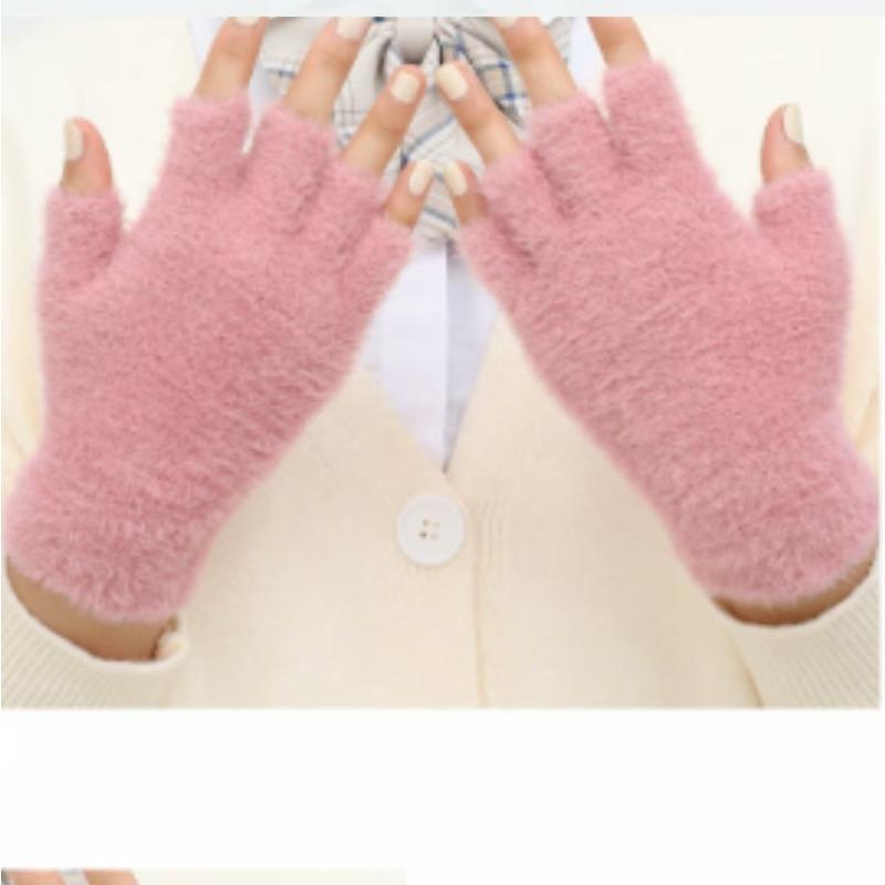 Simple plush gloves women's winter warm finger gloves solid color half finger uncovered student writing flat gloves