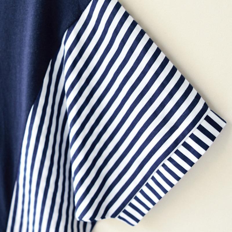 Summer Casual Pinstripe Striped Patchwork T-Shirt Round Necked T-Shirt Classic-Fit Short Sleeve T-Shirt for Female Women's Commuter Fashion T-Shirt
