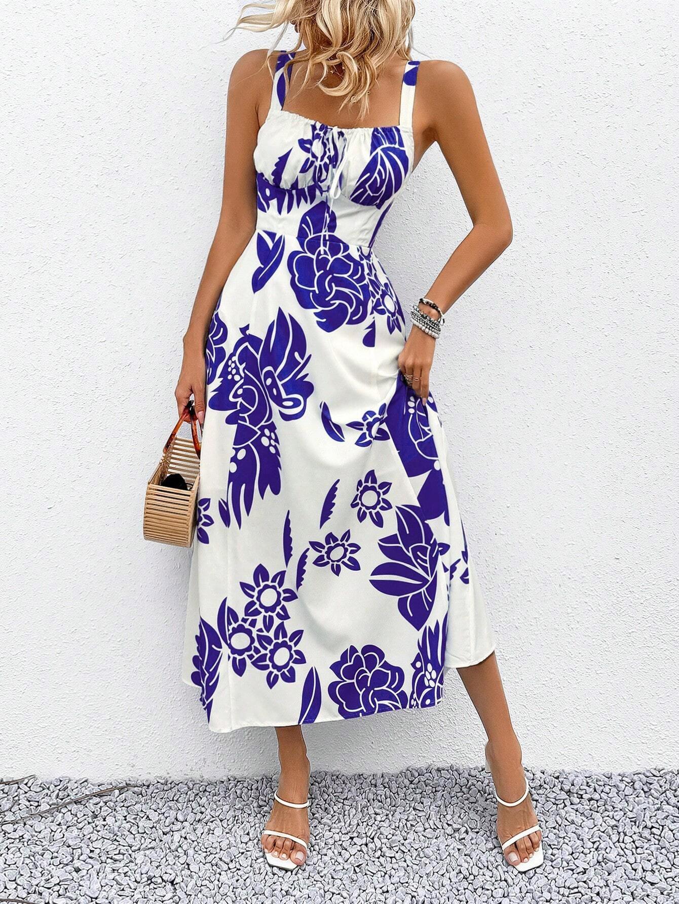 Women s Square Neck Sleeveless Midi Dress Slim Elastic Waist Floral Sundress S темно-синий
