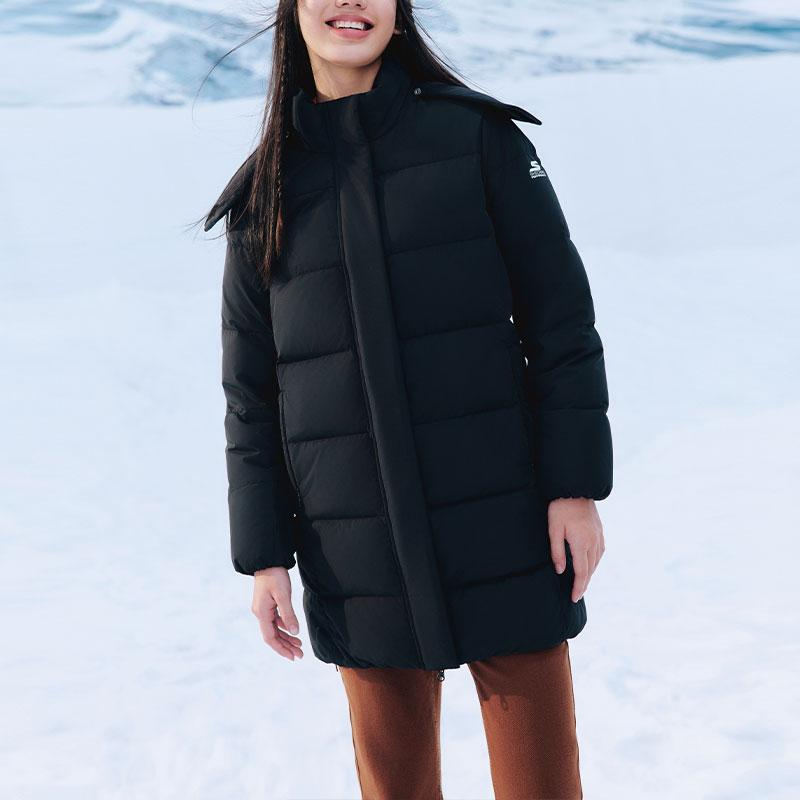 Skechers Solid Color Woven Hooded Mid-Length Jacket Down Coat Women jackets Carbon-Black P423W085-0018
