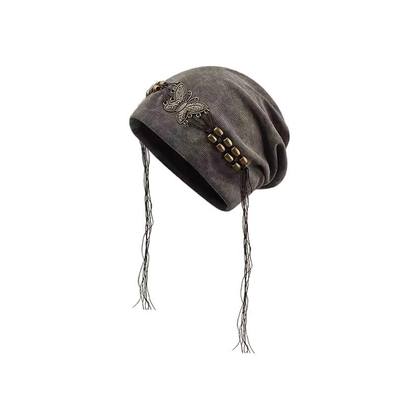 Autumn and Winter New Tie Dye Tassel Hat for Women Retro Baotou Cold Hat Big Head Circumference Showing Face Small Butterfly Pile Hat