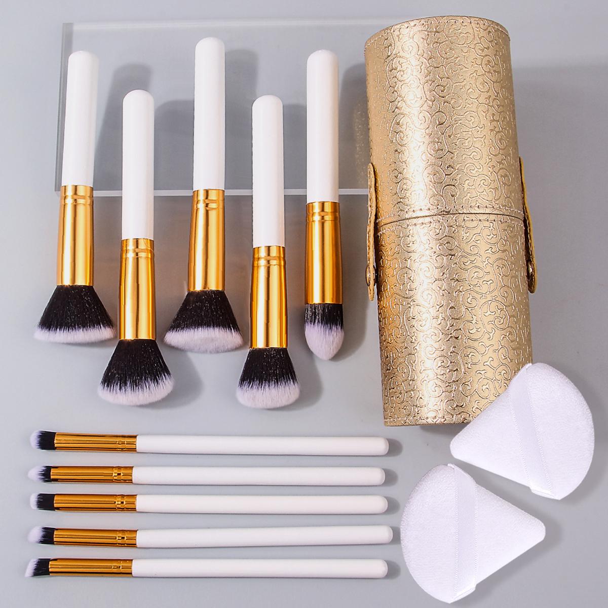 

Beginner s 10-piece makeup brush set, 2 triangular sponge powder puffs, golden storage bucket, portable full set of beauty tools белый