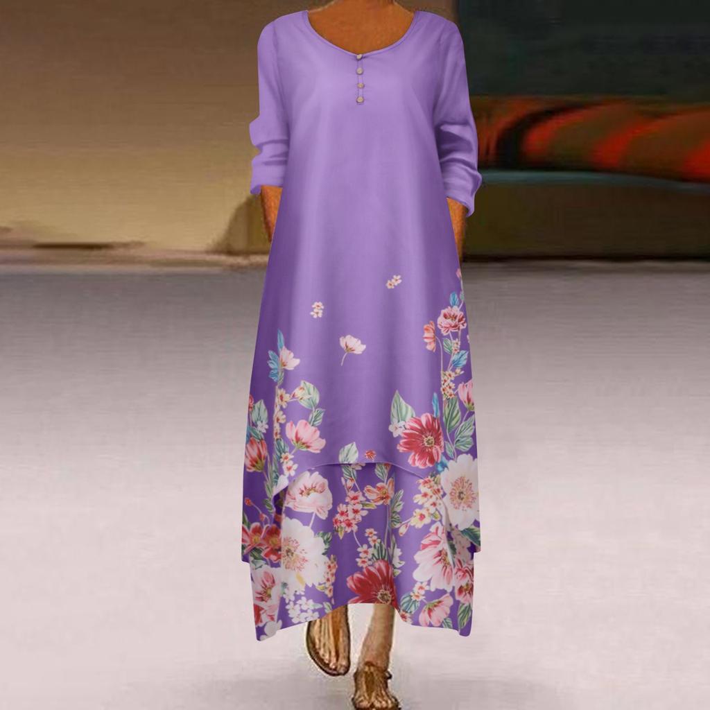 Womens Long Sleeve Floral Print O Neck Long Sleeve Irregular Loose Splice Maxi Dresses