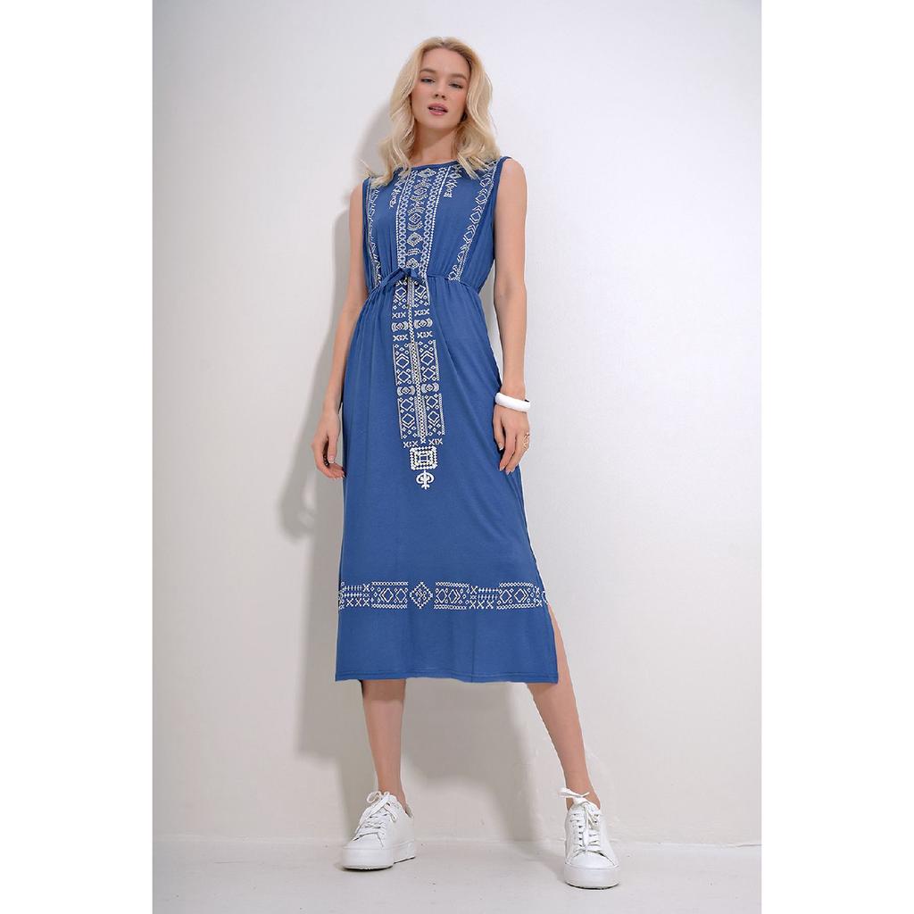 Rochie de damă neagră cu broderie imprimată boemă Alc-6564