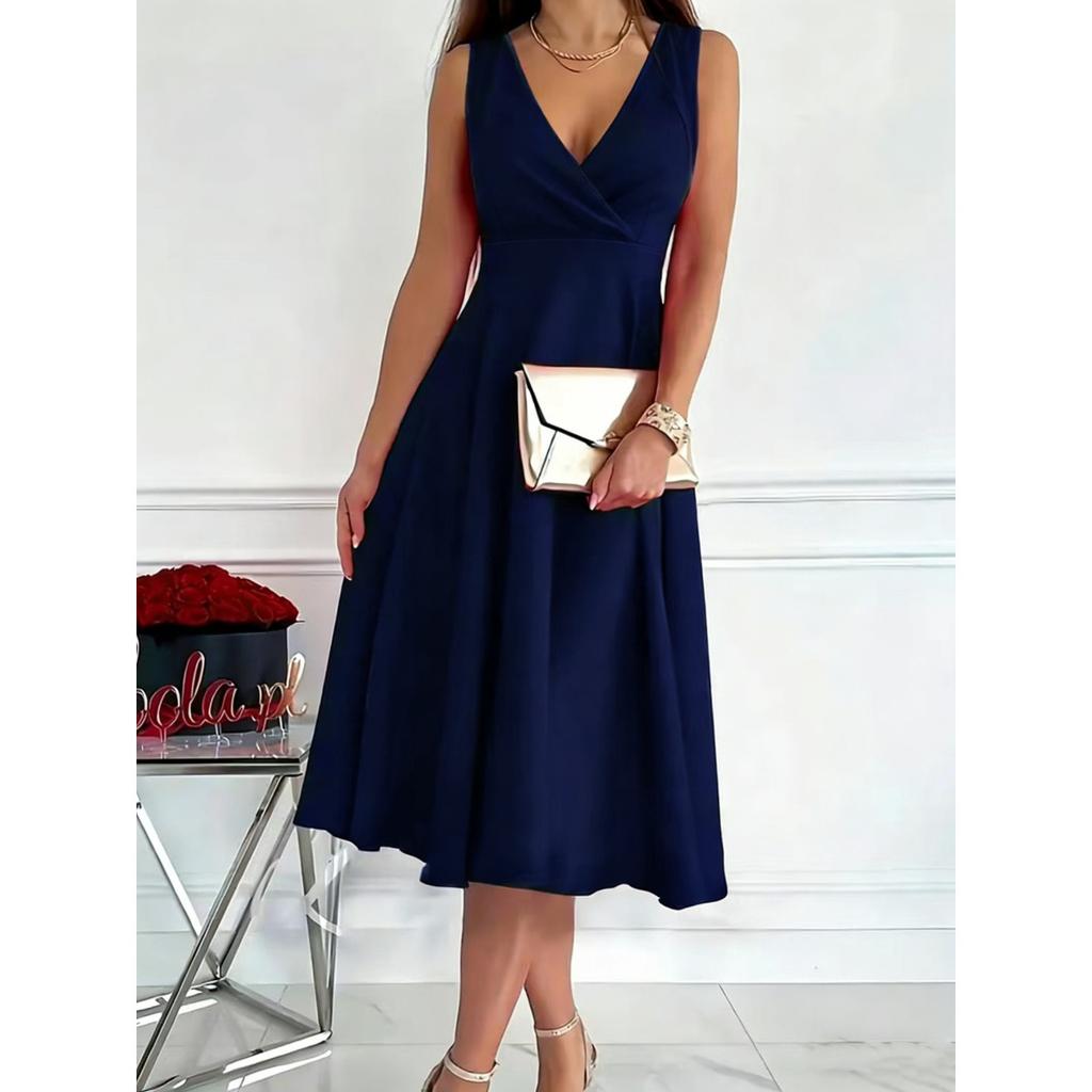 Women's Sleeveless V-Neck Wrap Front Cocktail Midi Dress
