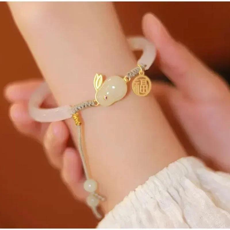 Women Cute Creative Beads Bracelets Chinese Style Vintage Ornaments Jade Rabbit Bracelet Weave Rope Adjustable Jewelry Bracelets