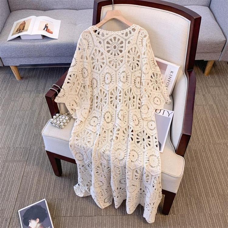 2024 Summer Women Lace Long Knitted Dress Casual Loose Sleeve Basic White Dress New Dimanaf Fashion