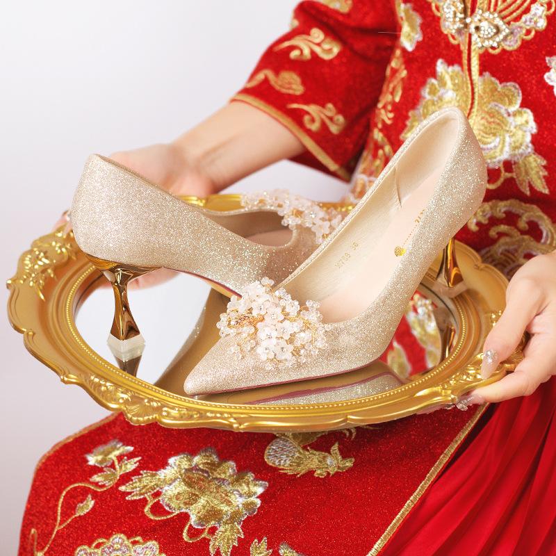 

Хрустальные туфли-стилетто женские 2025 весна и осень новые золотые свадебные туфли женские для показа и двух видов носки туфли на высоком каблуке для подружки невесты туфли для невесты 40