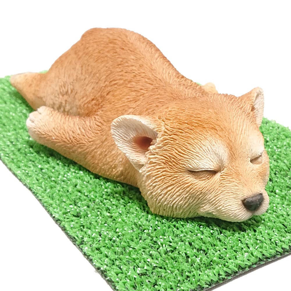 TATOTTE Realistic Dog Figurine Cute Animal Soothing Interior Dog Napping with Artificial Grass Mat - Figurine, Decor, Goods, Gift, Present, Puppy,