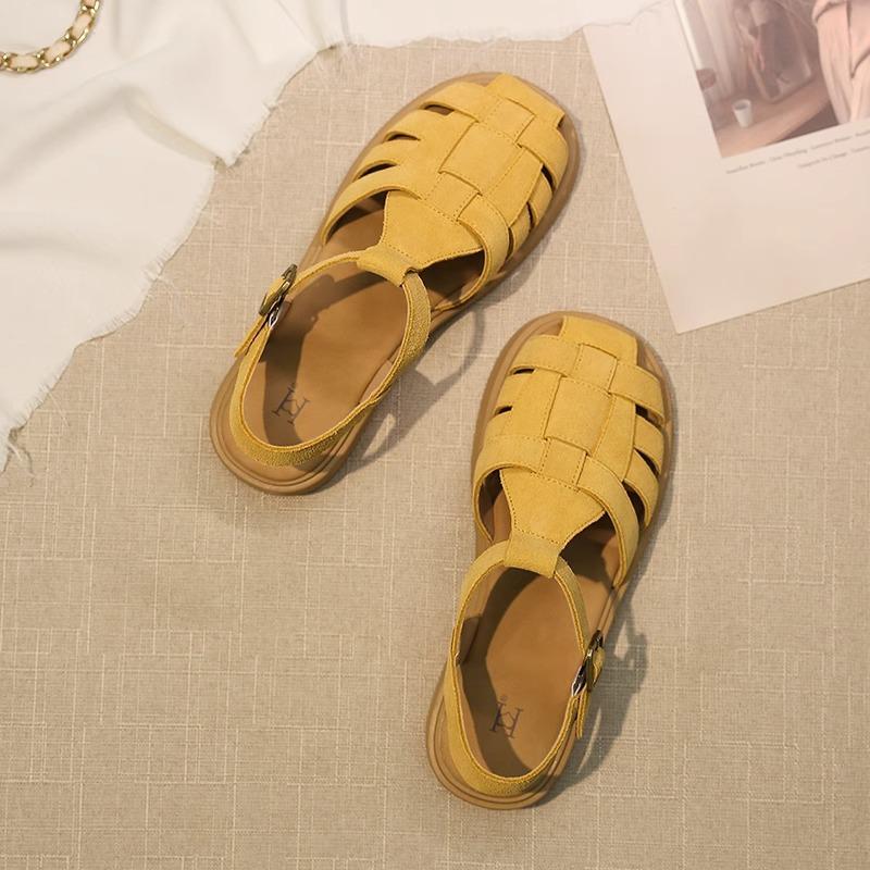 Roman Sandals Women's 2025 Summer Breathable Leather Outer Wear Retro Hollow Flat Bottom Not Tired Feet with Skirt Beach Shoes