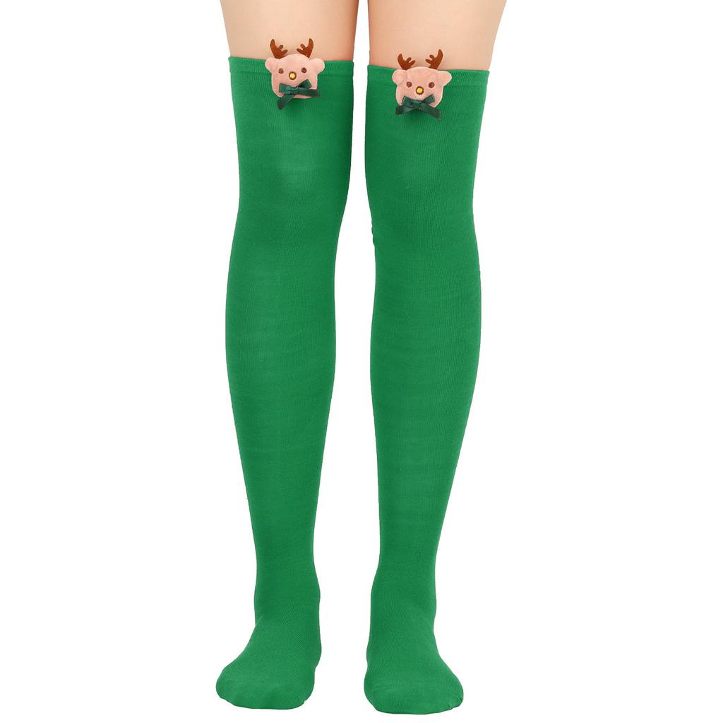 Women Cartoon Plush Elk Bowknot Striped Over Knee Long Socks Thigh High Stockings for Christmas Cosplay Costume Hosiery