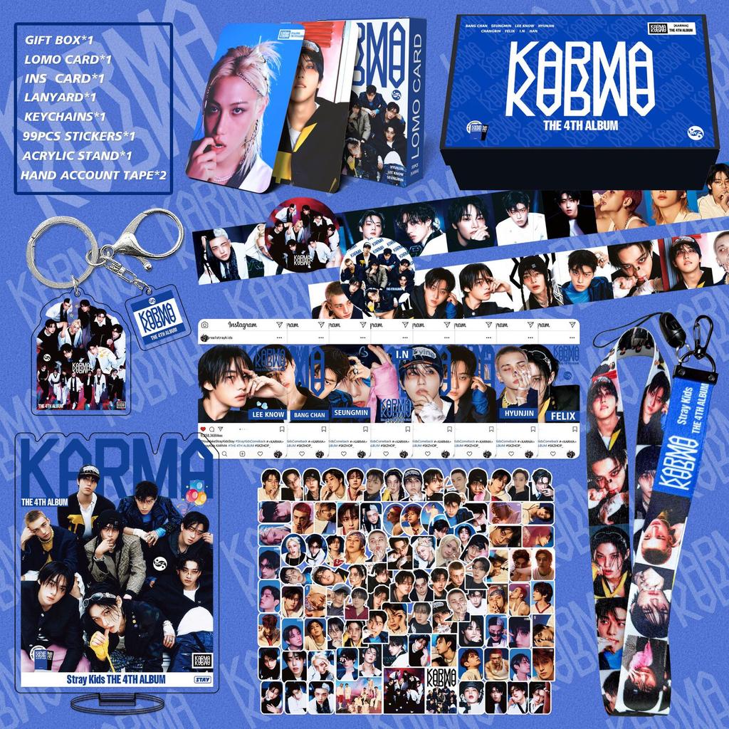 Stray Kids KARMA 4th Album Merch Gift Box Set-Lomo Cards Keychain Stickers Lanyard Stand Hand Account Tape Transparent Card Kpop Merchandise STAY Gift