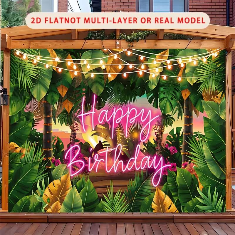 2D Tropical Jungle Backdrop with Pink Neon "Happy Birthday" & String Lights