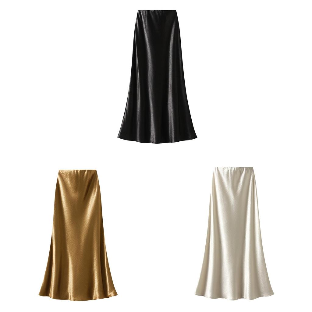 Elegant Satin Fish Tail Skirt For Women With Stretch Waistband In Spring Fashion