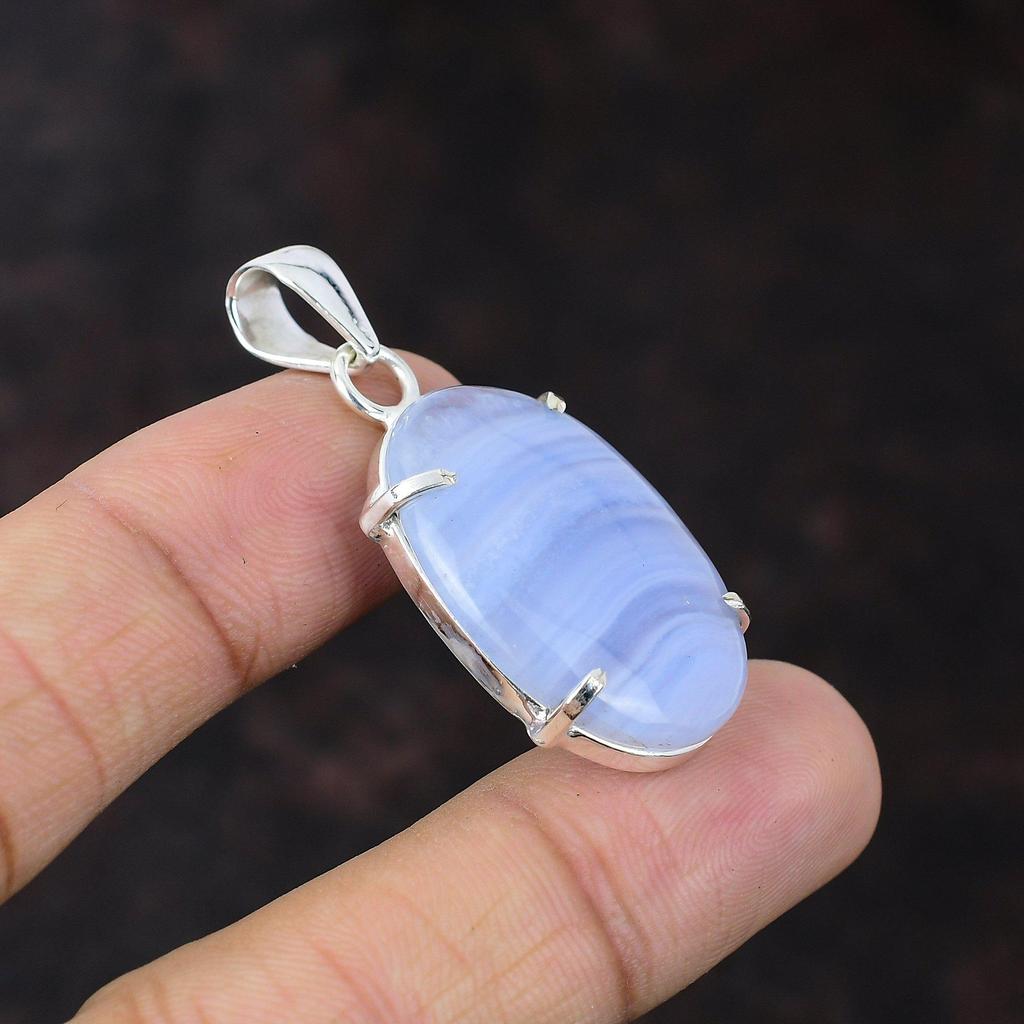Blue Lace Agate Pendant 925 Sterling Silver Pendant Handmade Birthstone Jewelry High Quality Gemstone Pendant Gift For Friend Silver Jewelry