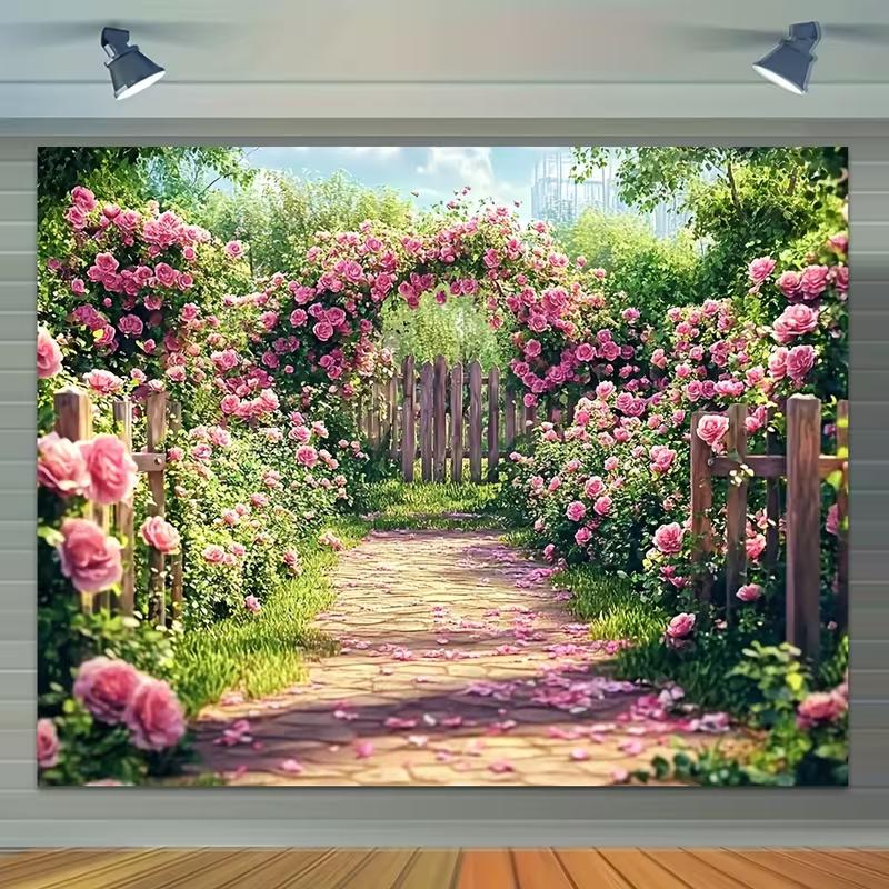2D Pink Rose Garden Path Photography Backdrop Floral Fence Background