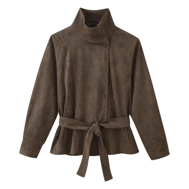 ZA Giacca da Donna Autunno 2026 in Ecopelle Scamosciata con Cintura Casual Collo a Stand Vestibilità Slim Capospalla