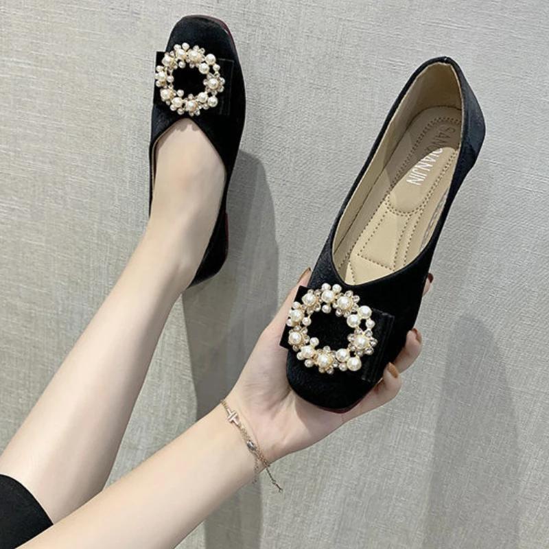Fashion Pearl Ladies Footwear Slip-on Square Toe Low Price 39 High Quality Fashion Casual Stylish Spring Shoe Y2k Non Women's Flat Shoes