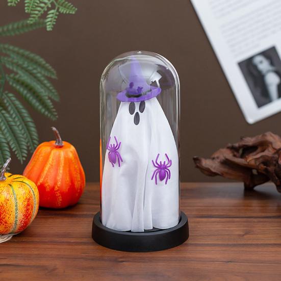 Halloween Indoor Ghost Decoration Light Up Ghost in Glass Cloche with Wood Base Cute Ghost Night Light for Home Kitchen Mantel Shelf Fireplace Decor