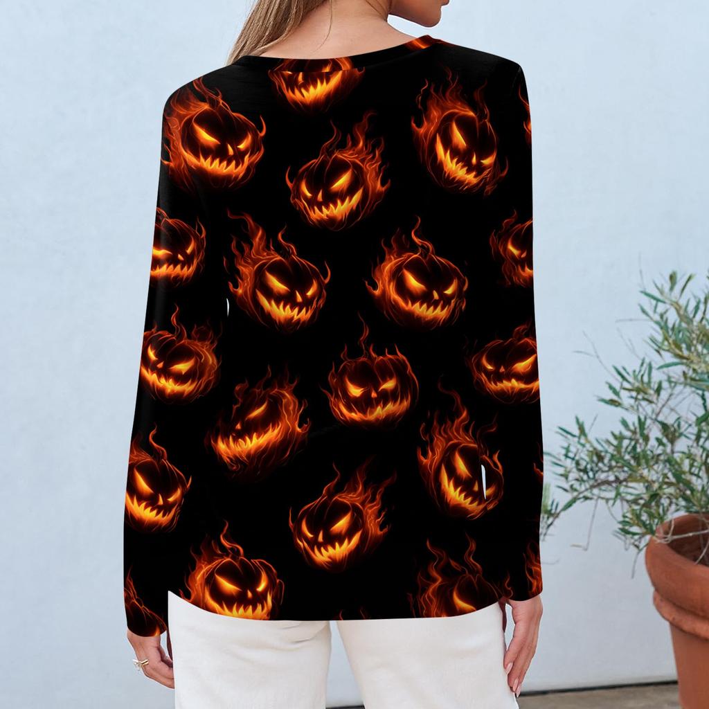 Women's Fashion Casual Long Sleeve Halloween Print Round Neck Top