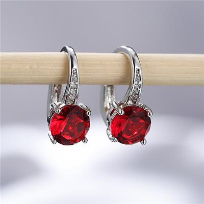 Cute Round Cut Four-claw Red Crystal Gemstone Hook Earrings Birthday Jewlery Gift for Women