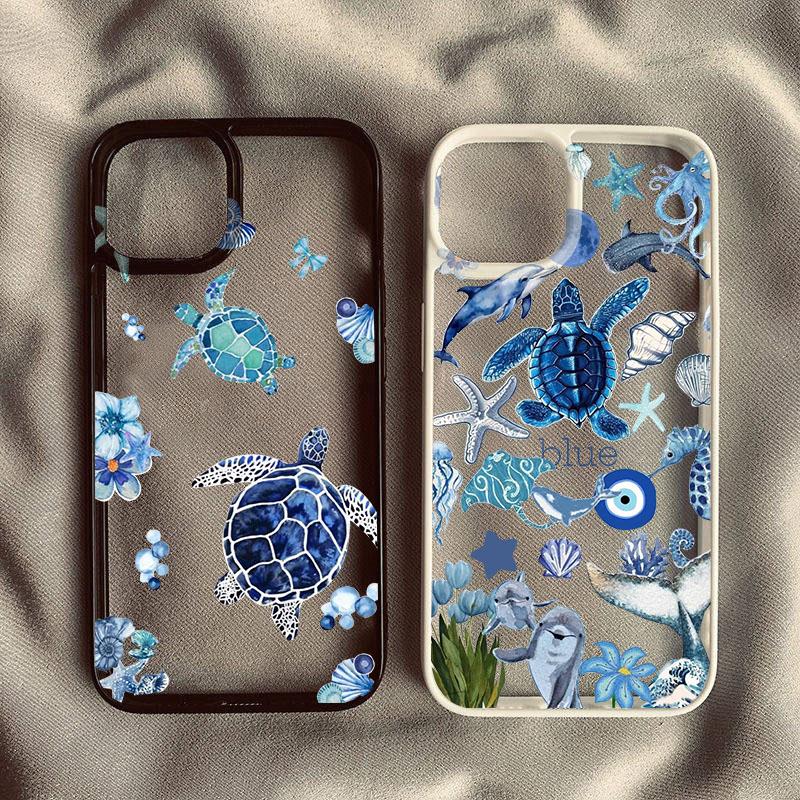 Summer Cool Turtle Pattern Phone Case for IPhone 16 15 14 13 12 11 Pro Max X Xs XR XSMax 8 7 Plus Sea Blue Turtle Design Covers
