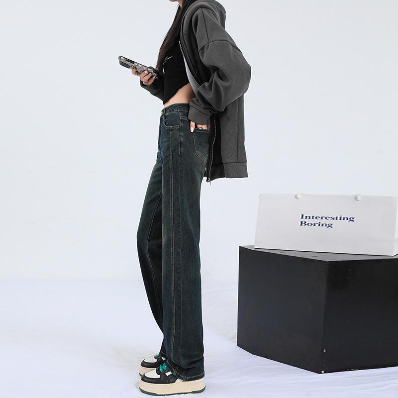 Women's 2025 Retro Blue Patchwork High-Waist Straight-Leg Jeans