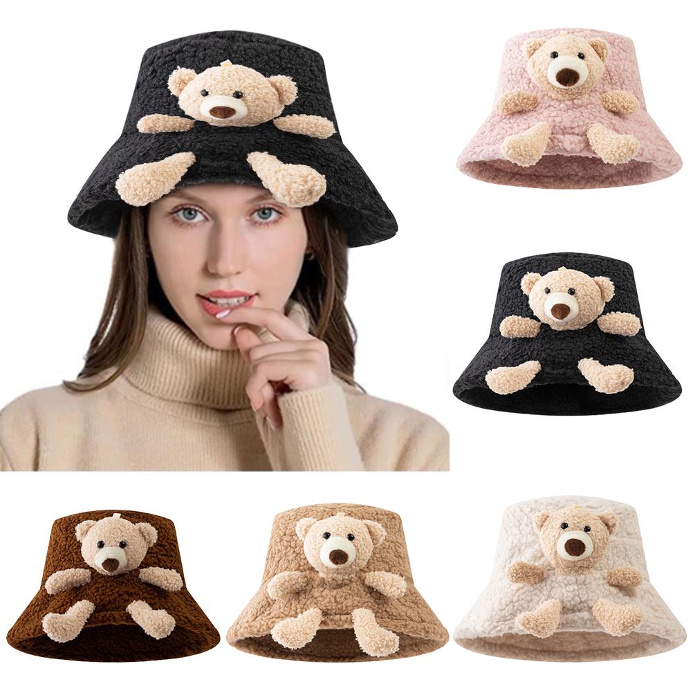 Women Winter Bucket Hat Cute Bear Plush Warm Hat Thick Fisherman  Casual Outdoor Sunscreen Sun