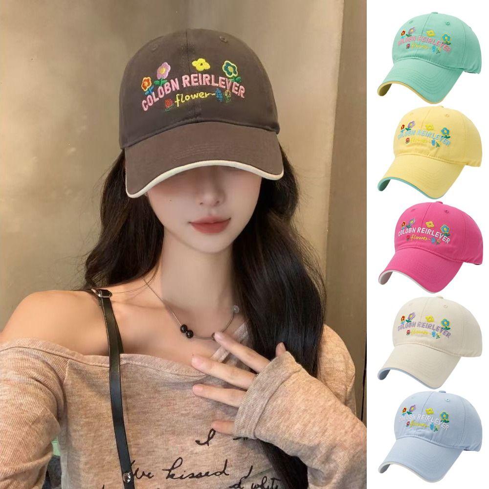 Cotton Floral Baseball Cap Letter Embroidered Streetwear Hats Casual Peaked Cap For Women Girls
