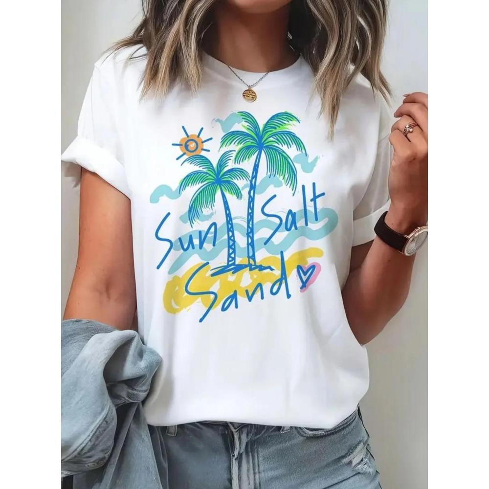 Sun Sult Sand Summer Beach Print Summer Travel Leisure Round Neck Short Sleeved Womens Top Summer Fashion Tshirt Clothing