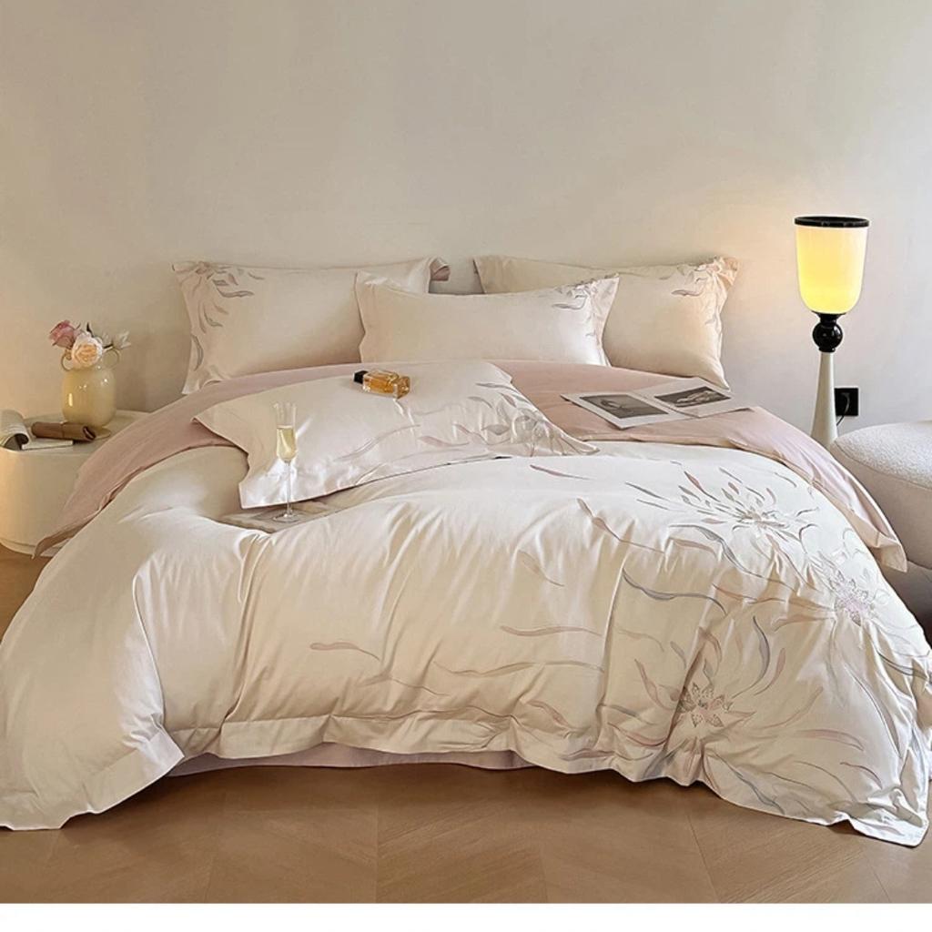 Set di biancheria da letto di lusso 4 pezzi in cotone a fibra lunga 100S, Copripiumino Ricamato 100% Cotone con Lenzuolo Sotto, Ultra Morbido e Liscio per Dormire a Pelle