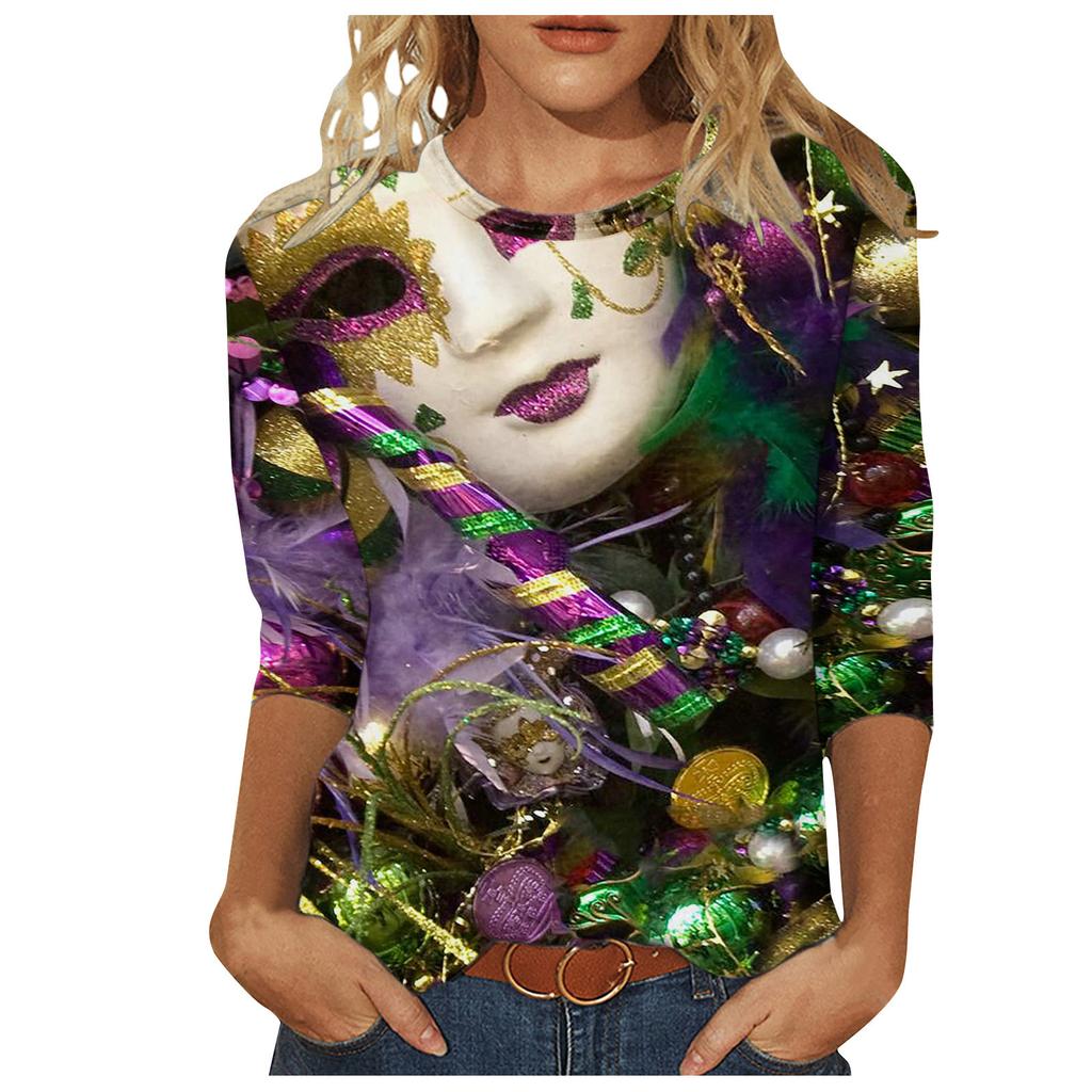 Long Sleeved Glamorous Mask Patterned Top Carnival Themed Printed Women's T-shirts