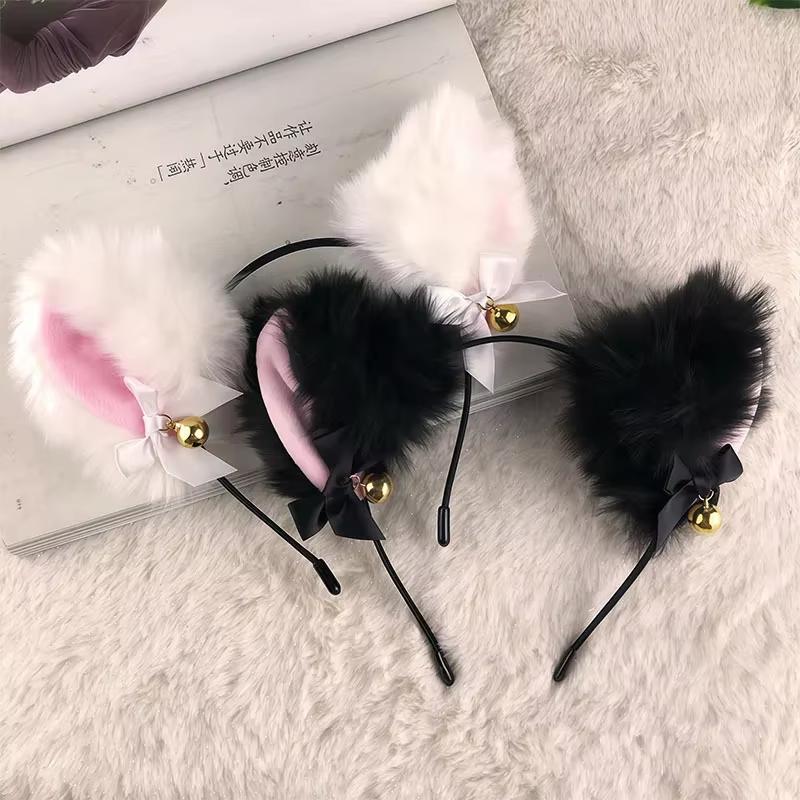 Plush Lace Cat Ears Bell Hair Band for Women Elegant Girl Headband Party Cosplay Hair Accessories