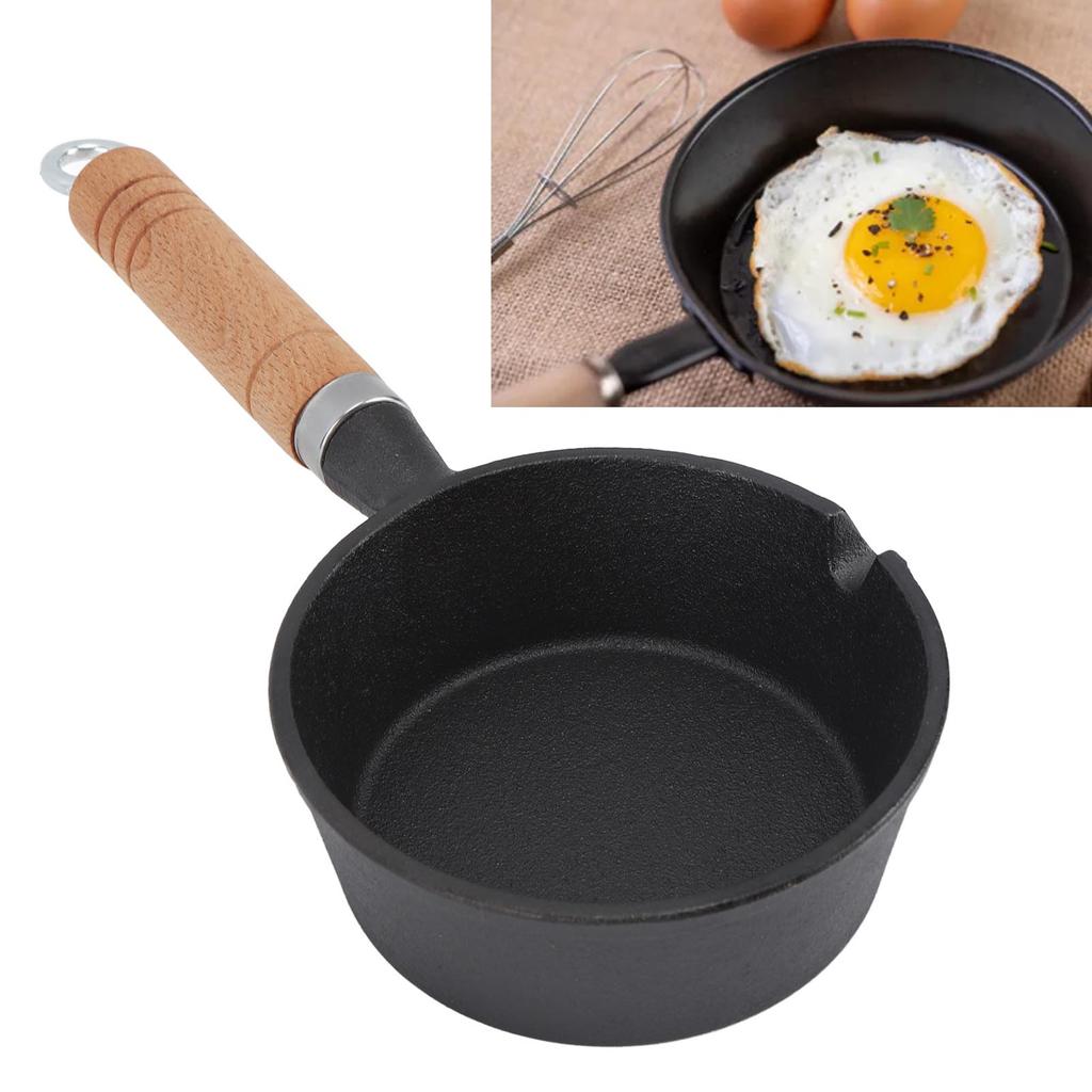 Egg Frying Pan Cast Iron Wood Handle Pre Seasoned Skillet for Indoor Outdoor Cooking