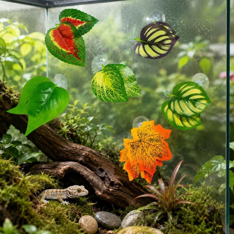 Reptiles Clear Suction Cup Artificial Plant Accent, Colorful Plastic Habitat Display Accessory for Enclosure Styling Use