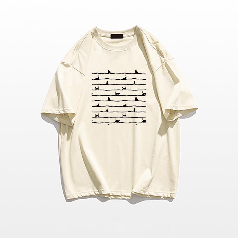 Women's Heavyweight Cotton Printed Short-Sleeve T-Shirt - 2025 Summer Collection, American Straight Shoulder, Loose Fit