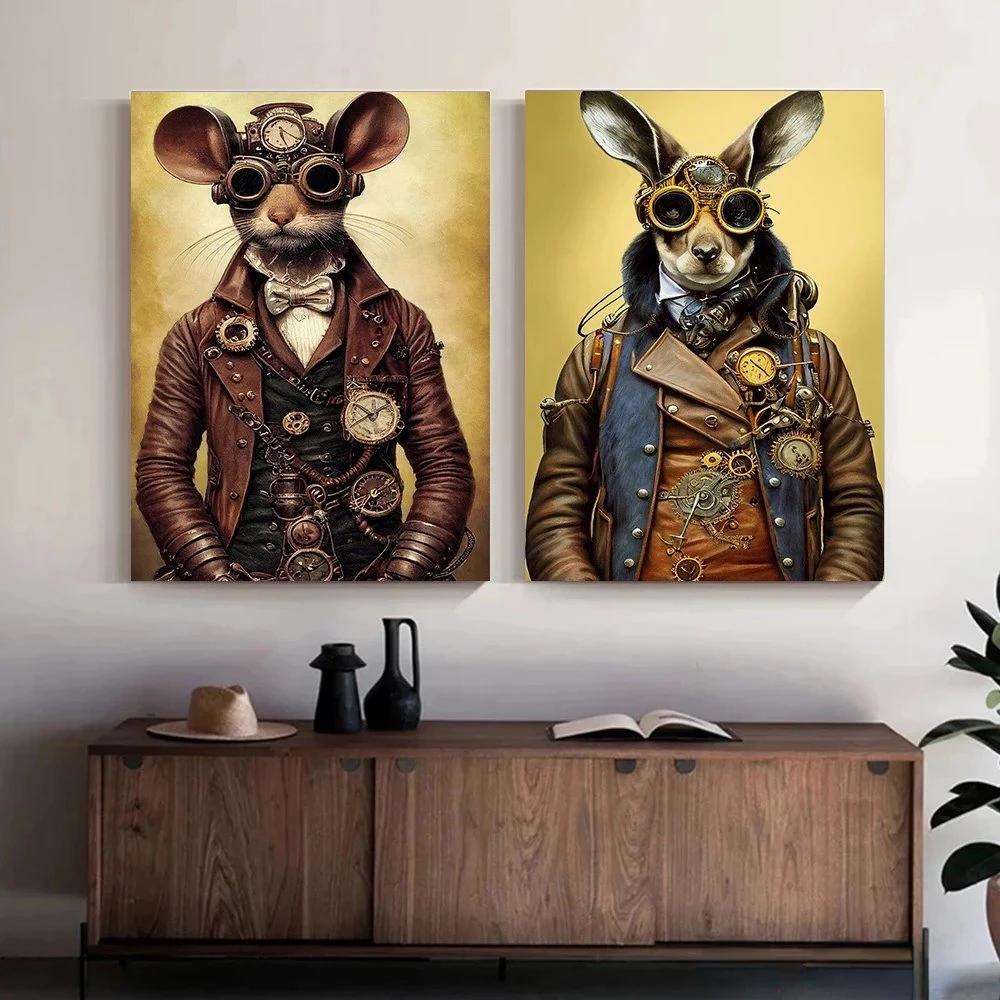 Steampunk Cat Wolf Astronaut Rabbit Poster Art Canvas Painting Retro Funny Animal Tiger Gorilla Poster Living Room Home Decor