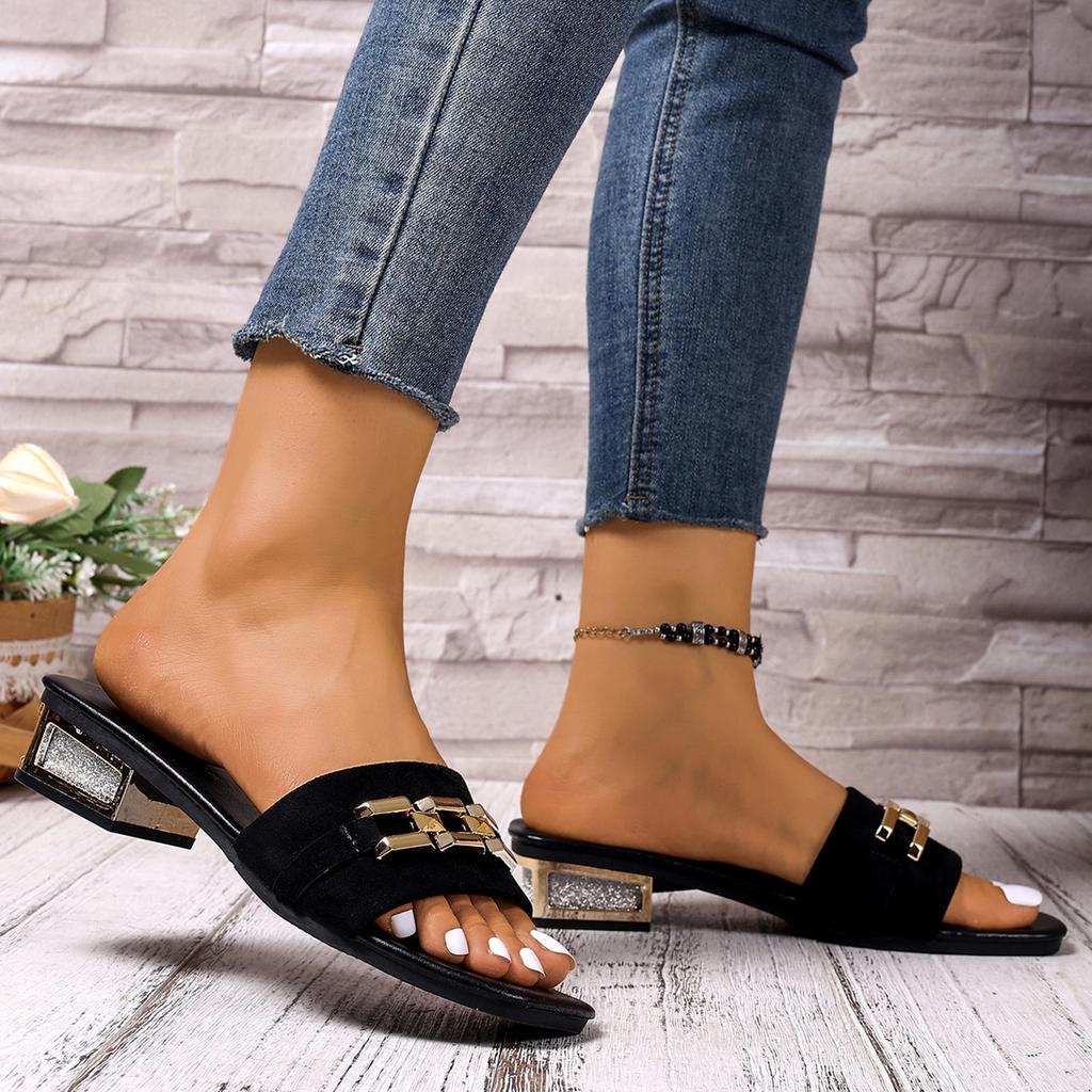 Summer women's fashionable square chain low heel slippers