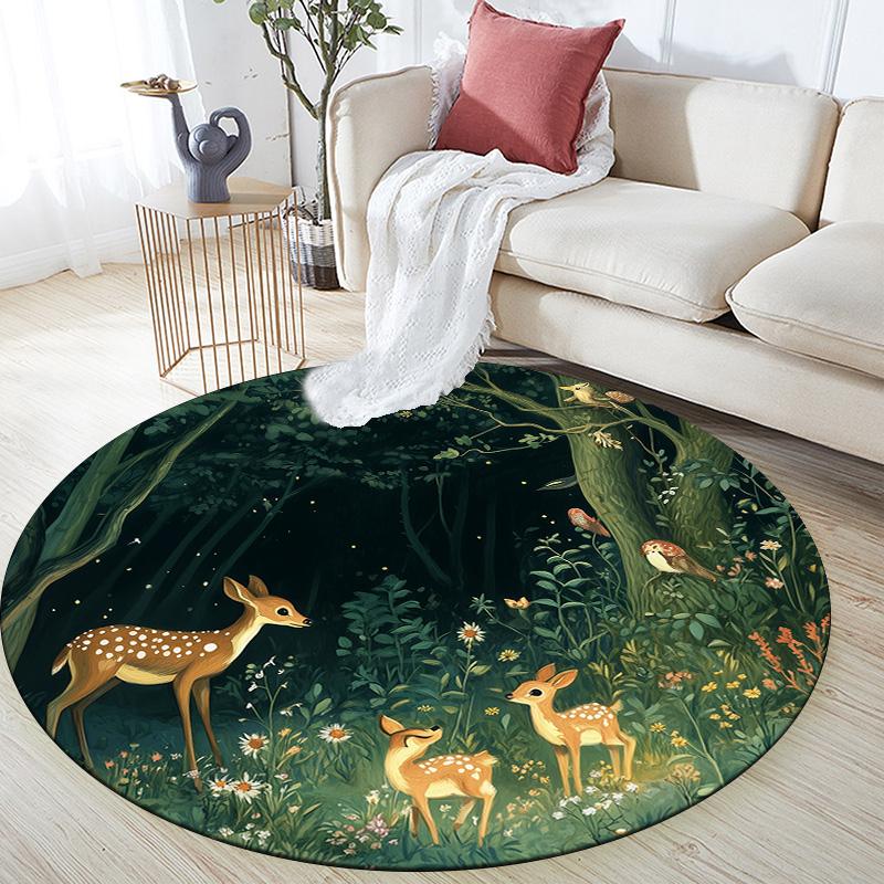 Forest Deer,Round Area Rug,Carpet Rug for Living Room Bedroom Sofa Playroom Decor,Non-slip Floor Mat