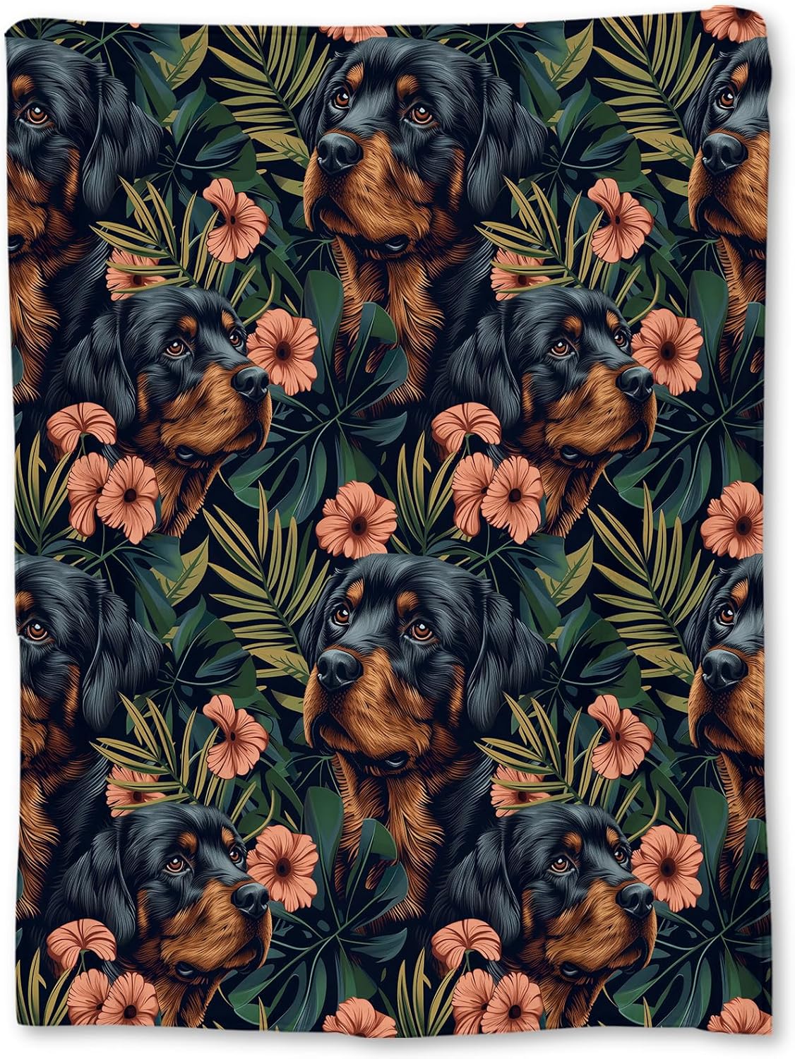 Textilien Unisex Coral Elegant Rottweiler And Floral Blanket - Soft Lightweight Cozy Flannel Throw With Tropical Flower For Adults Kids Women, Warm Fuz