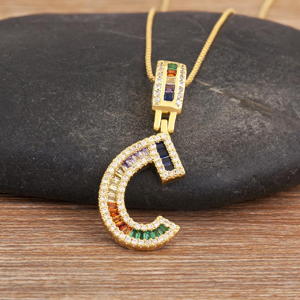Nidin Simple Fashion 26 A-Z Letters Alphabet Rainbow Cubic Zirconia Pendant Necklace For Women Men Hip-Hop Style Copper Jewelry